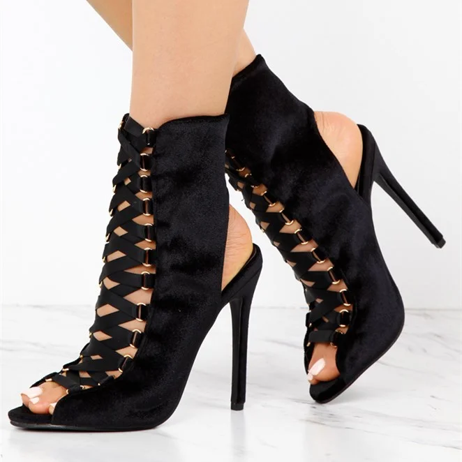 Fashion Black Lace Up Boots Velvet Peep Toe Slingback Ankle Boots |FSJ Shoes