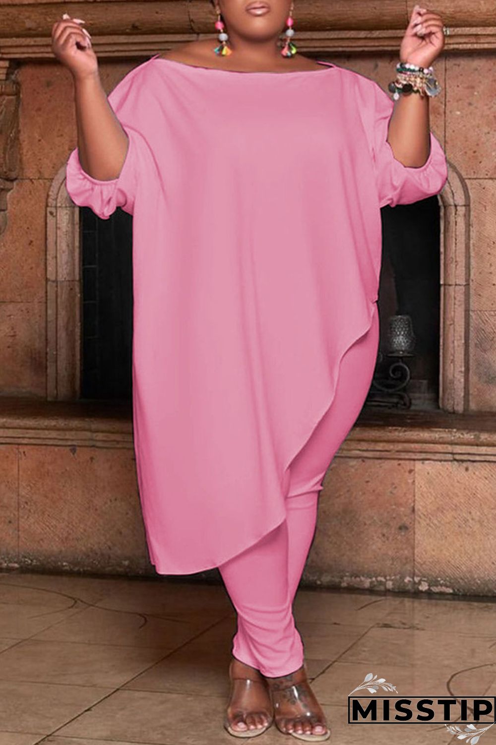 Green Fashion Casual Solid Asymmetrical Oblique Collar Plus Size Two Pieces