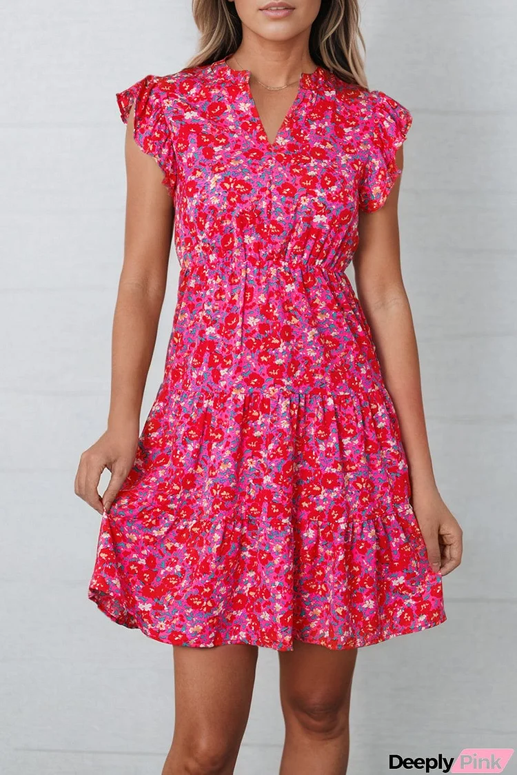 Floral Print Notched Neck Cap Sleeve Mini Dress