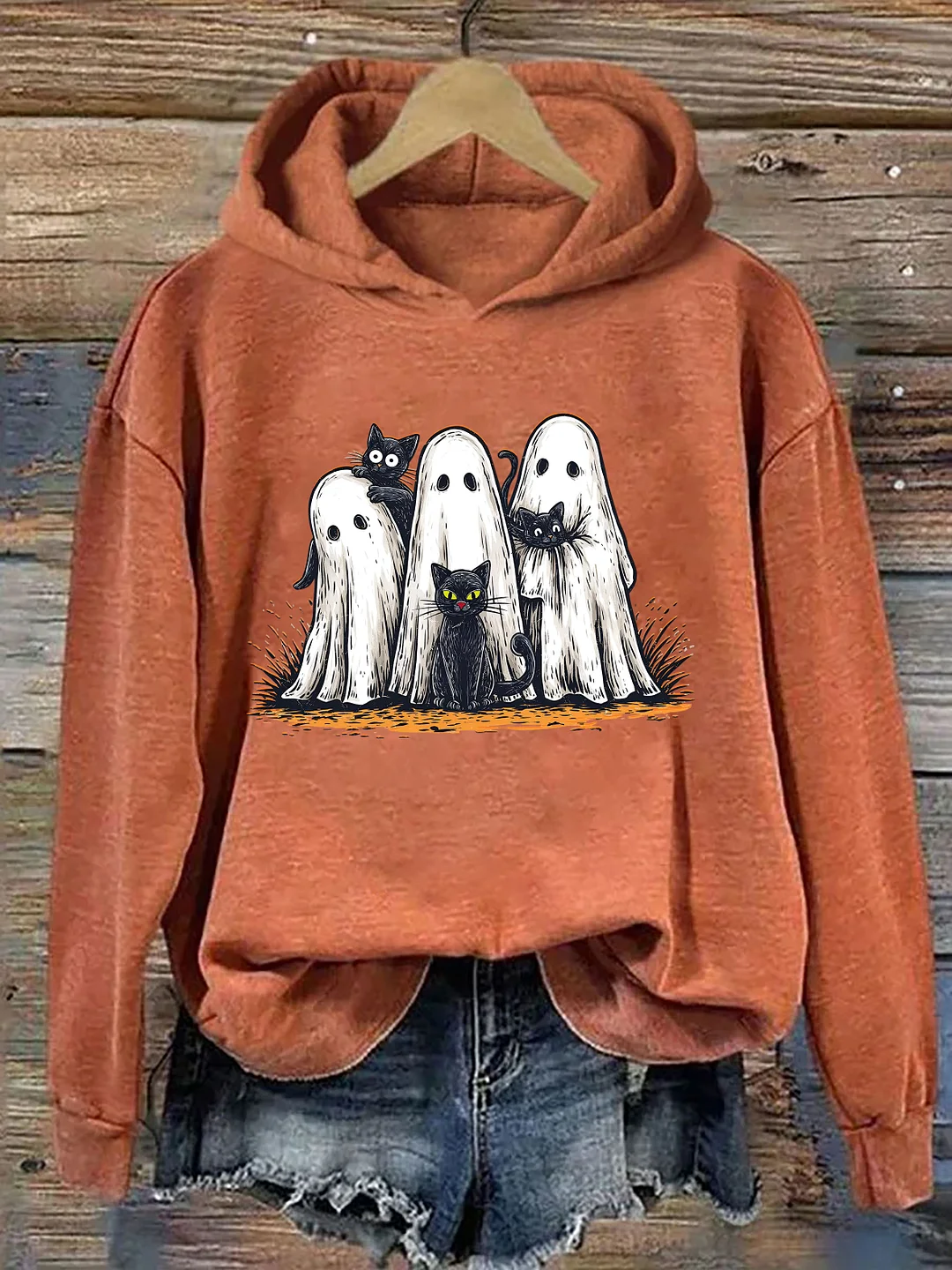  Retro Halloween Ghost And Cat Hoodie