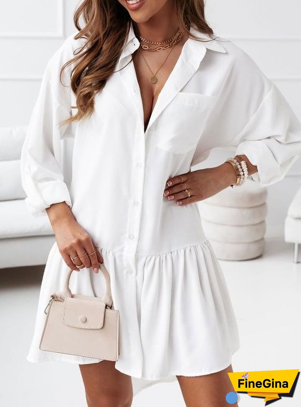 Casual Plain Shawl Collar Loose Long Sleeve Dresses
