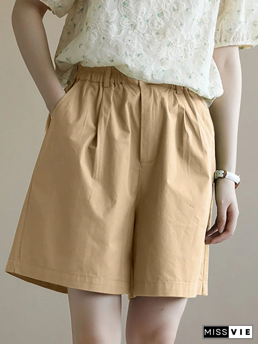 Solid Pocket Elastic Waist Wide Leg Casual Shorts