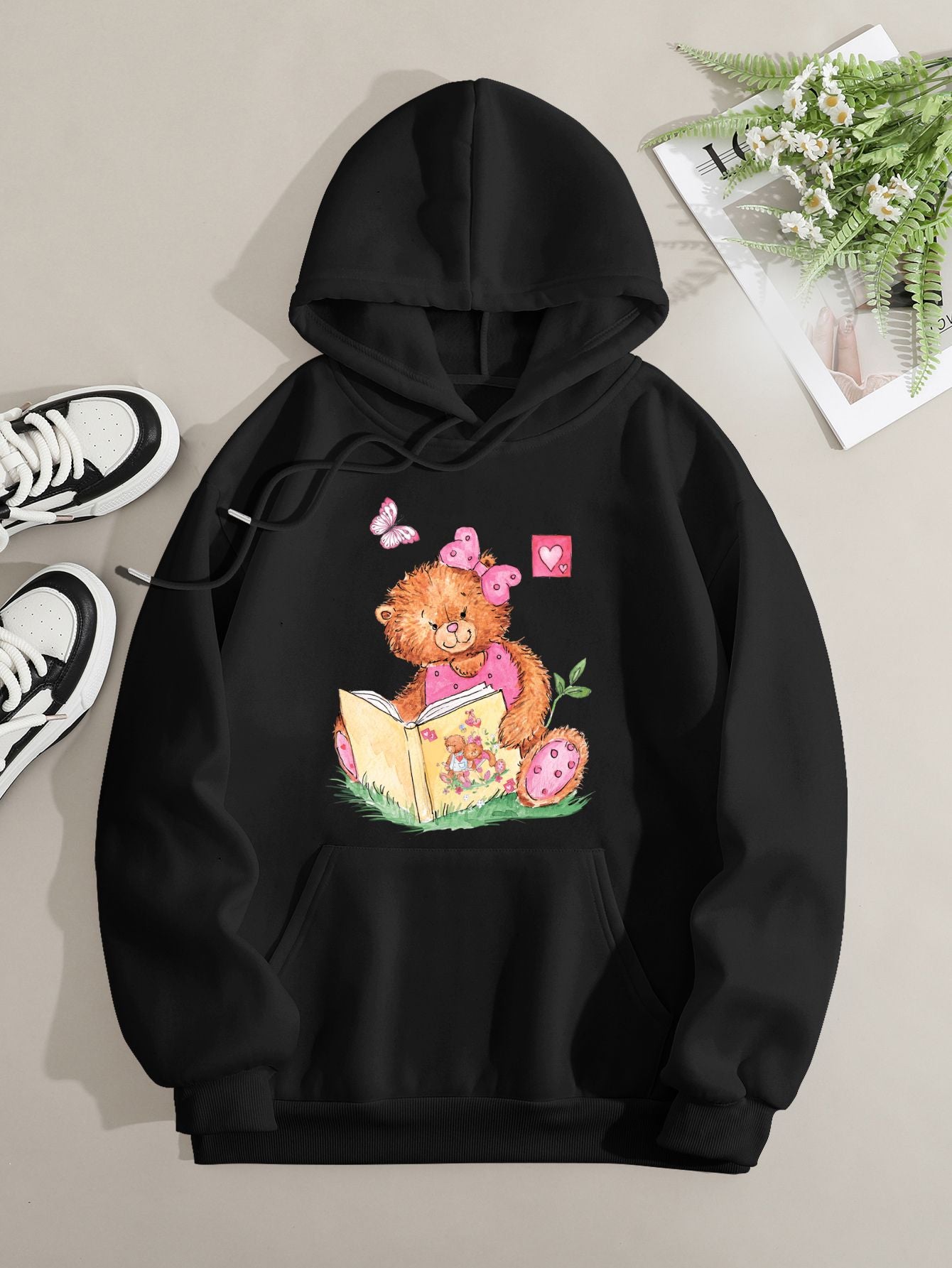 Printed on front Kangaroo Pocket Hoodie Long Sleeve for Women Pattern Pink Bear Reading