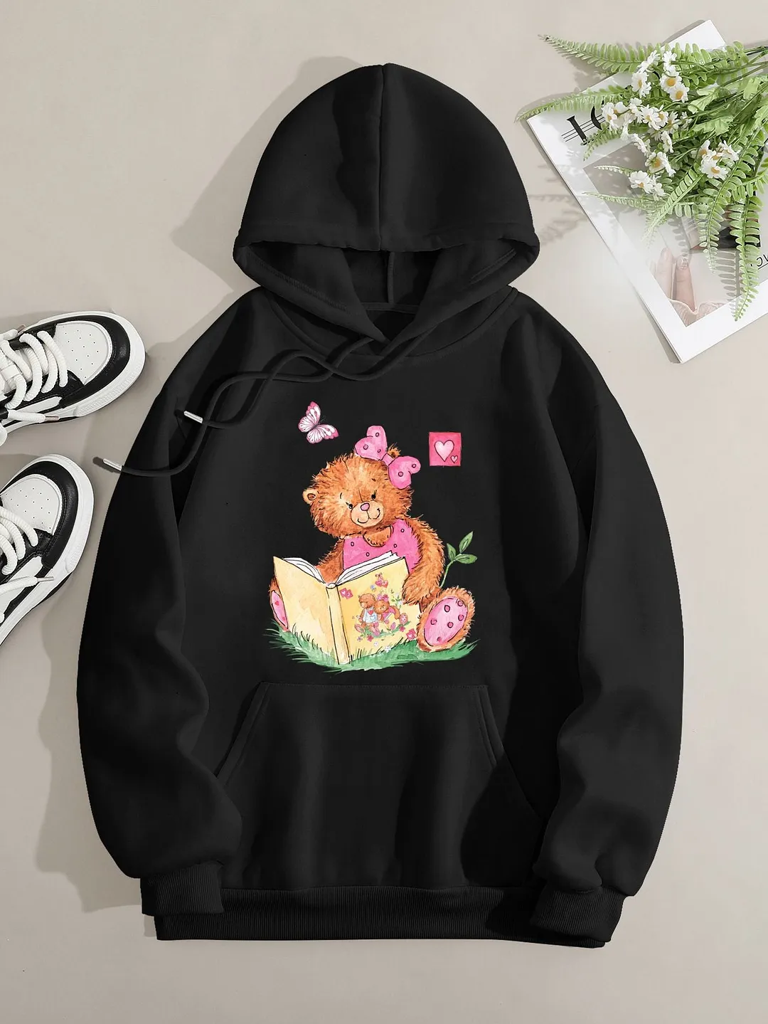 Printed on front Kangaroo Pocket Hoodie Long Sleeve for Women Pattern Pink Bear Reading