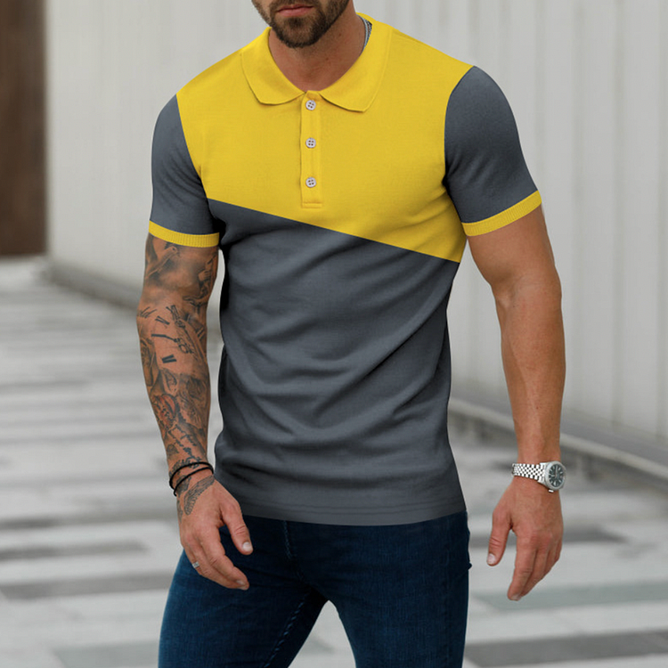 BrosWear Men's Contrast Patchwork Casual Short Sleeve Polo Shirt