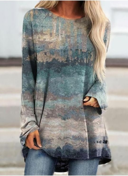 Women Long Sleeve Asymmetric Hem Long Sleeve Marbled Tunic Sweatshirt