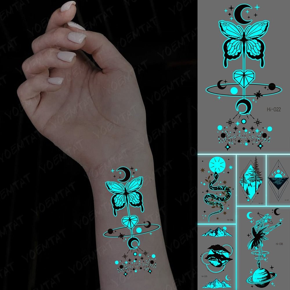 Blue Luminous Glow Tattoo Sticker Butterfly Universe Stars Waterproof Temporary Tatoo Mountain Fake Tatto For Body Art Women Men
