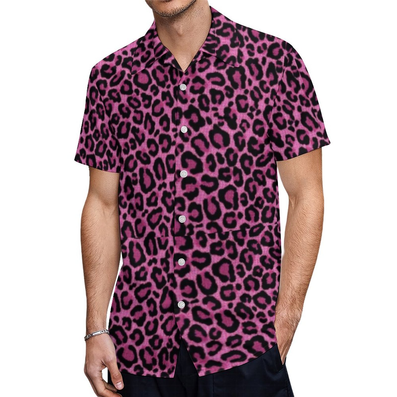 Funky Pink Leopard Print Hawaiian Shirt Mens Button Down Plus Size Tropical Hawaii Beach Shirts