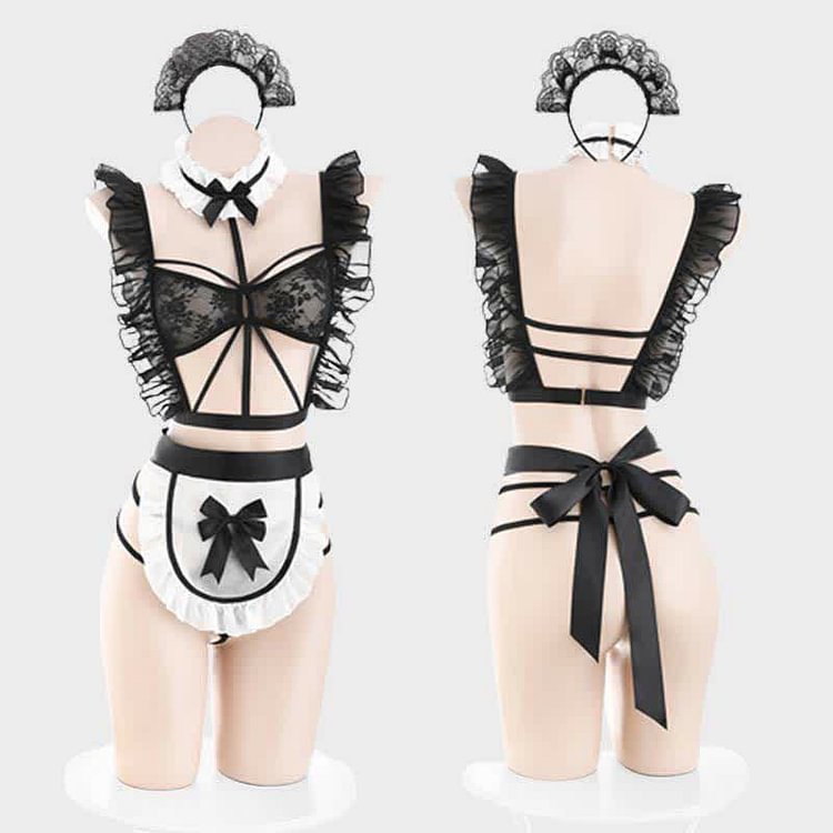 Ruffled Hollow Out Lace Up Apron Maid Lingerie Stockings Set - Modakawa Modakawa