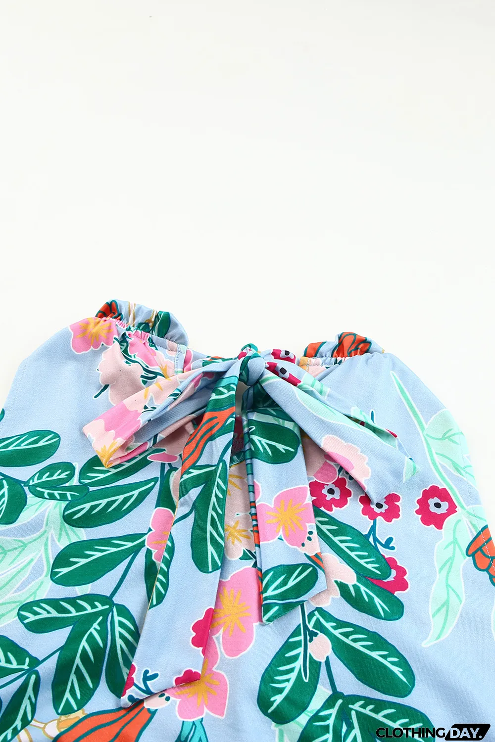 Sky Blue Floral Print Ruffled Lace-up Mock Neck Mini Dress