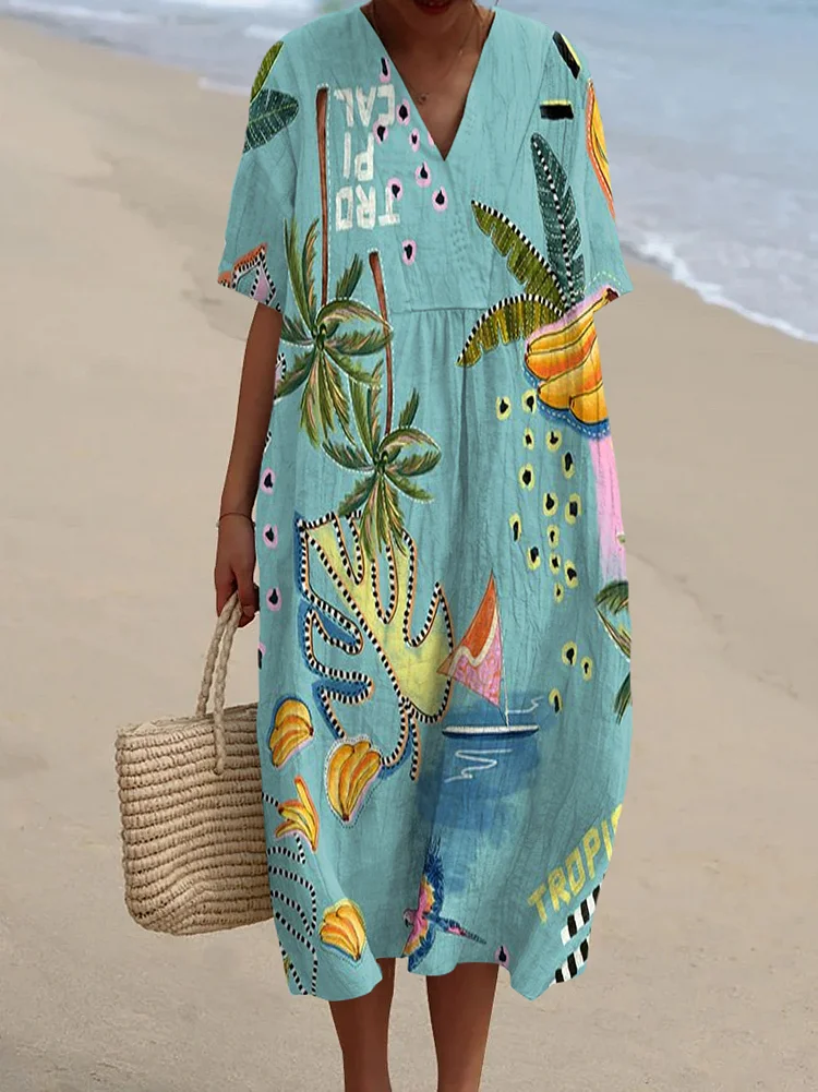 Women's Vintage Tropical Fruit Art Print Flowy Dress