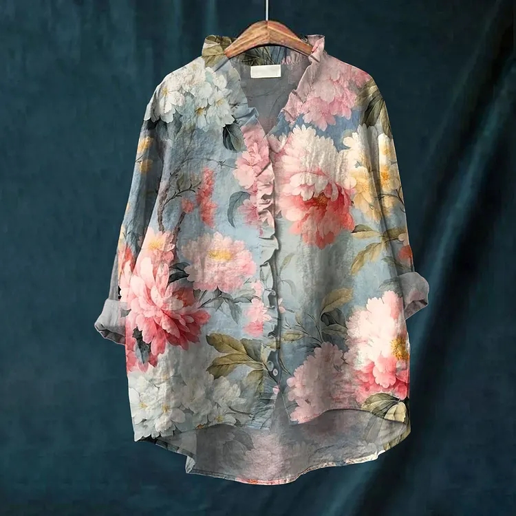 Women's Vintage Floral Art Print Casual Cotton And Linen Ruffle Shirt