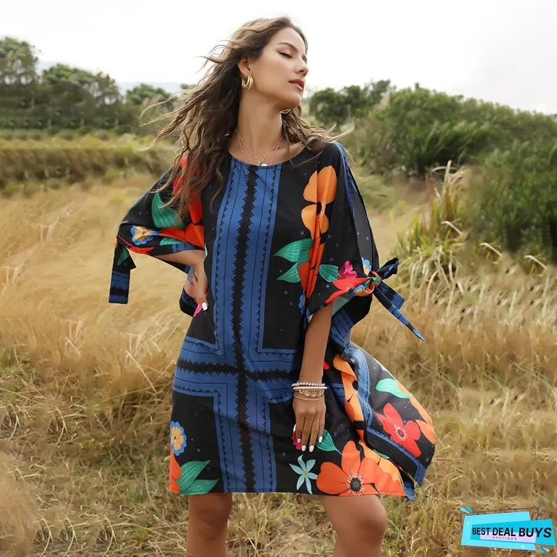 Fashion Fluffy Loose Dress Round Neck Bat Sleeve Women's Dress