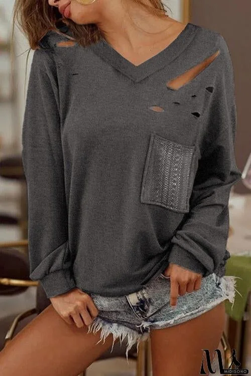 Distressed V-Neck Long Sleeve T-Shirt With Pockets