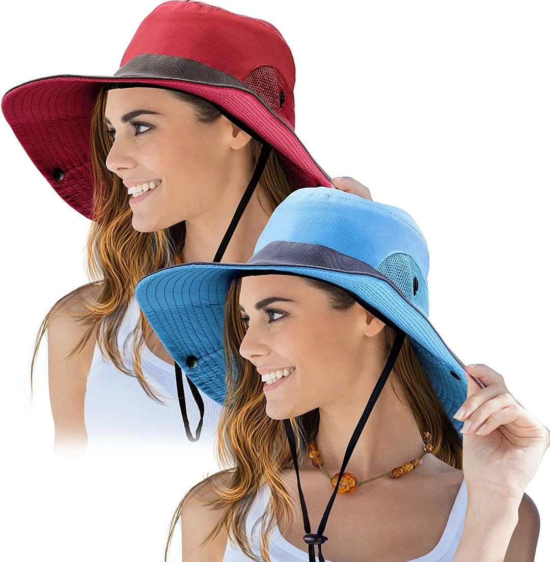 2 Pieces Women's Outdoor Sun Hat UV Protection Foldable Mesh Wide Brim Beach Fishing Cap