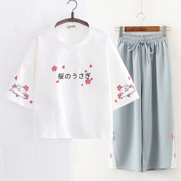 Vintage Sakura Bunny Print Loose Shirt Pants Set - Modakawa modakawa