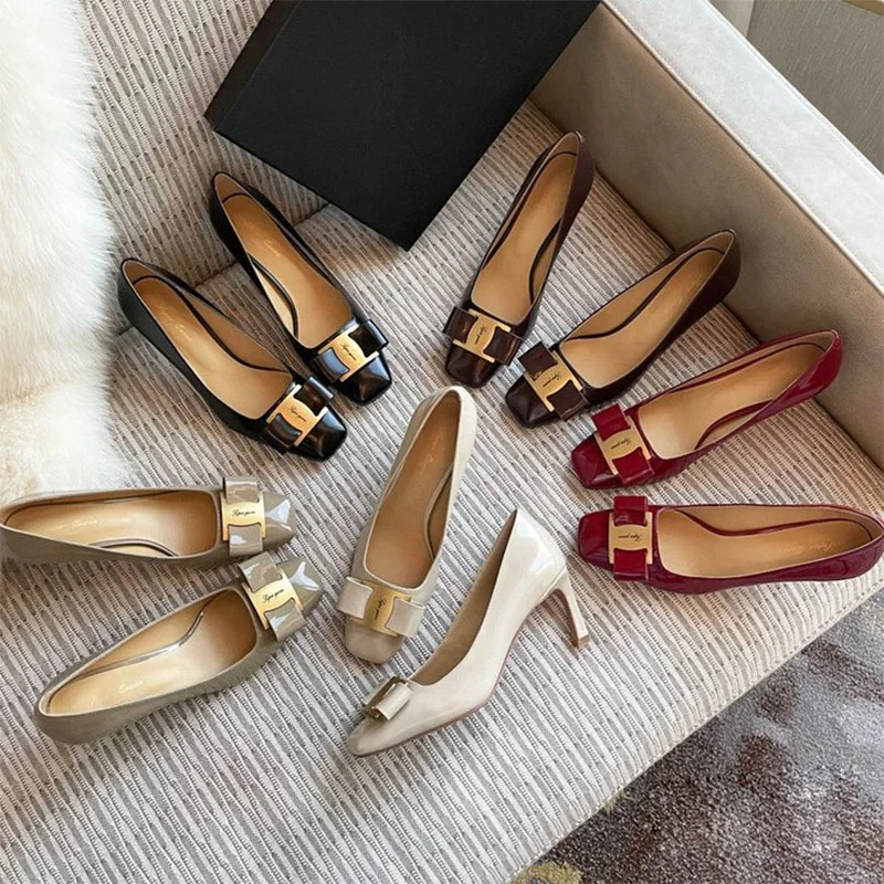 Yyvonne Women's Patent Leather High Heels Dress Shoes Square Toe Pumps Stilettos New Spring Boat Shoes for Female Metal tacones 1110N