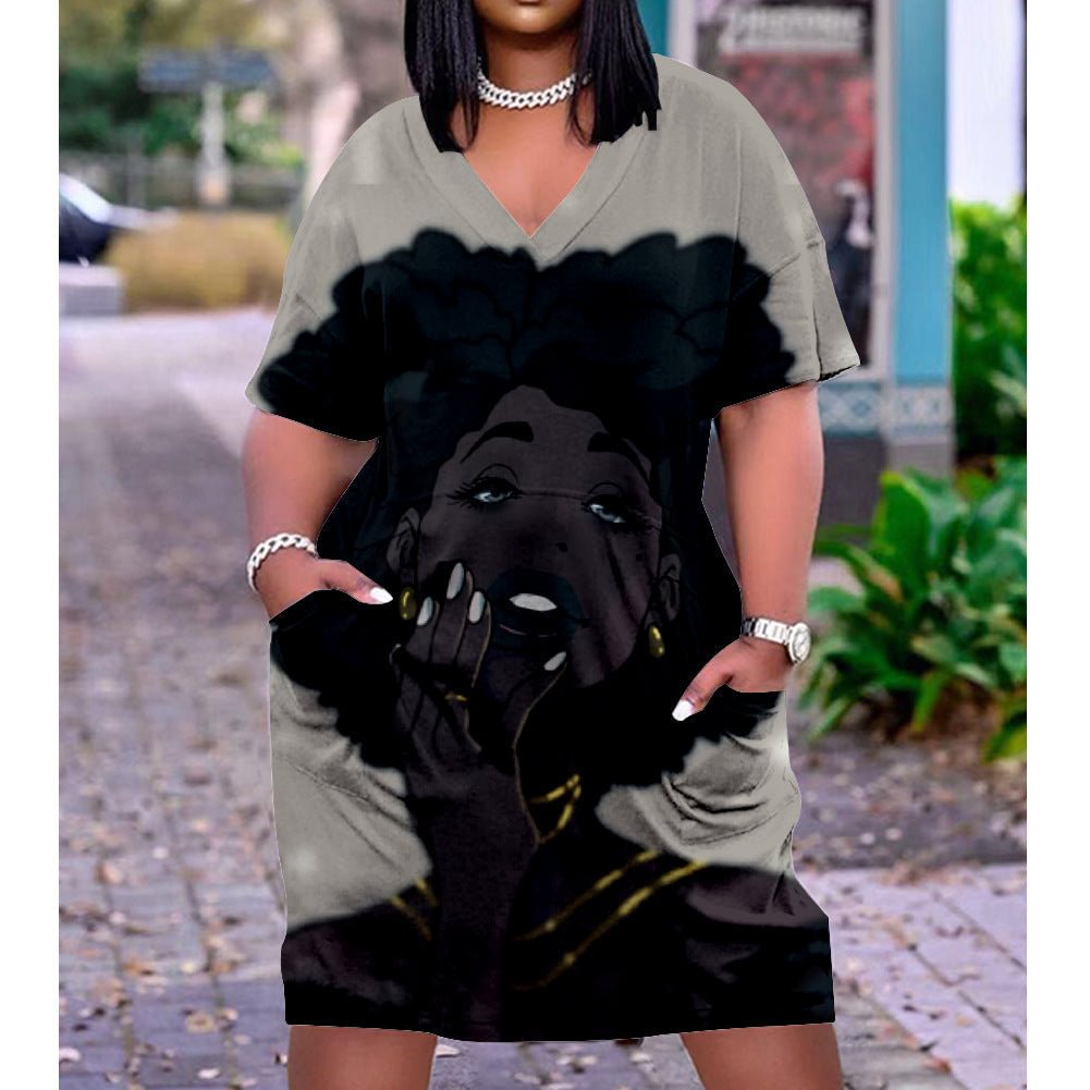 3D printed loose plus size v-neck mid-sleeve dress