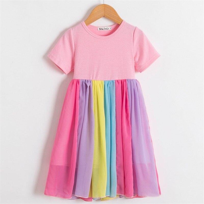 Rose Pink Girls Princess Summer Dress Cotton Mesh Patchwork Rainbow Color Dresses Ankle-Length Party Gown Vestidos Robe Fille