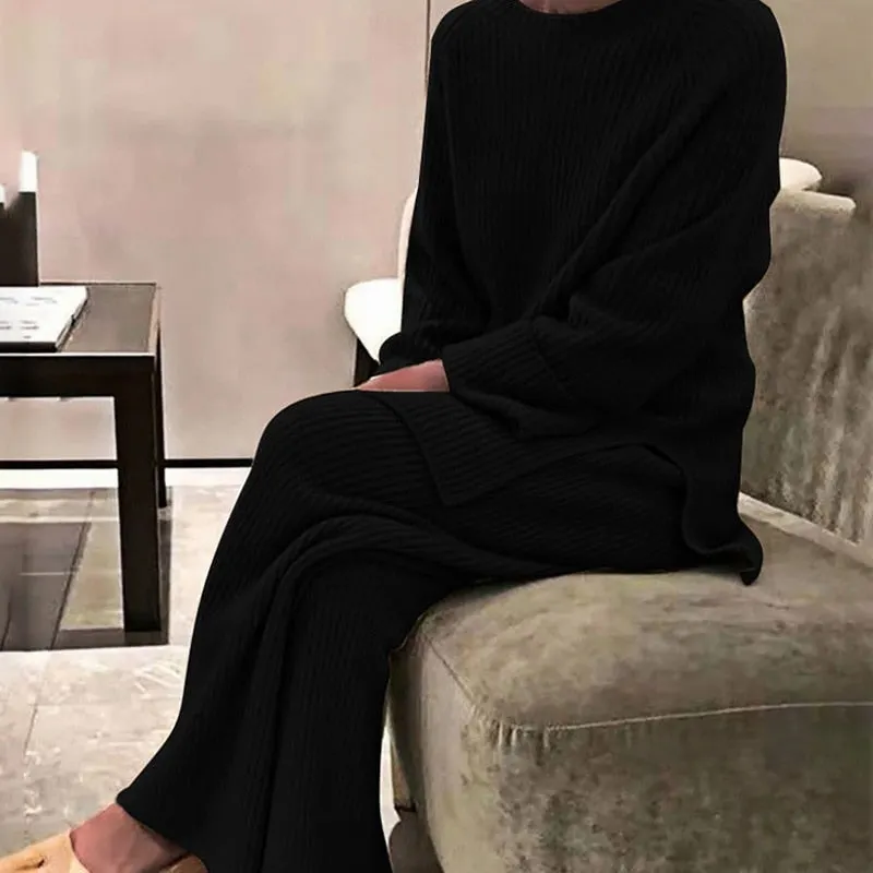 Women's Knitted Set Warm Split Pullover Sweater +wide Leg Pants Female Elegant Suit Two Piece Set 2021 Autumn Winter Knitwear