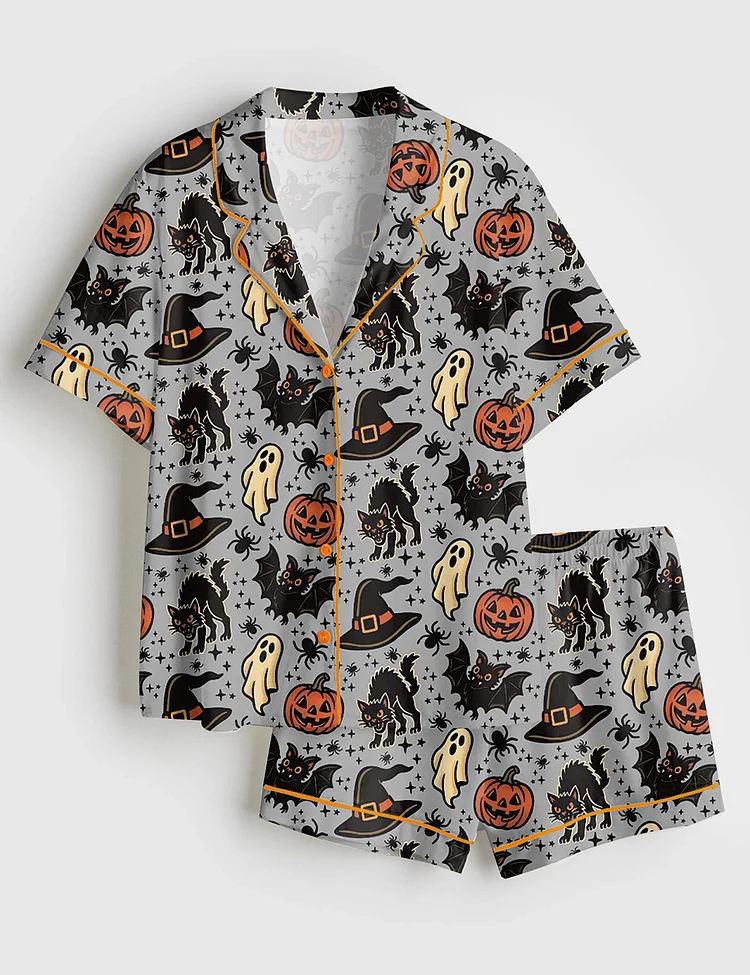 Women&rsquo;s Halloween Spooky Ghosts Bats Cats Pumpkins Witch Short Sleeve Satin Pajama Set