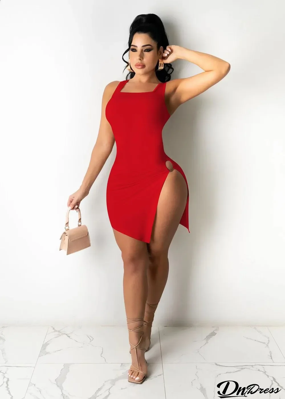 Plus Size Sexy Slit Solid Color Mini Dress