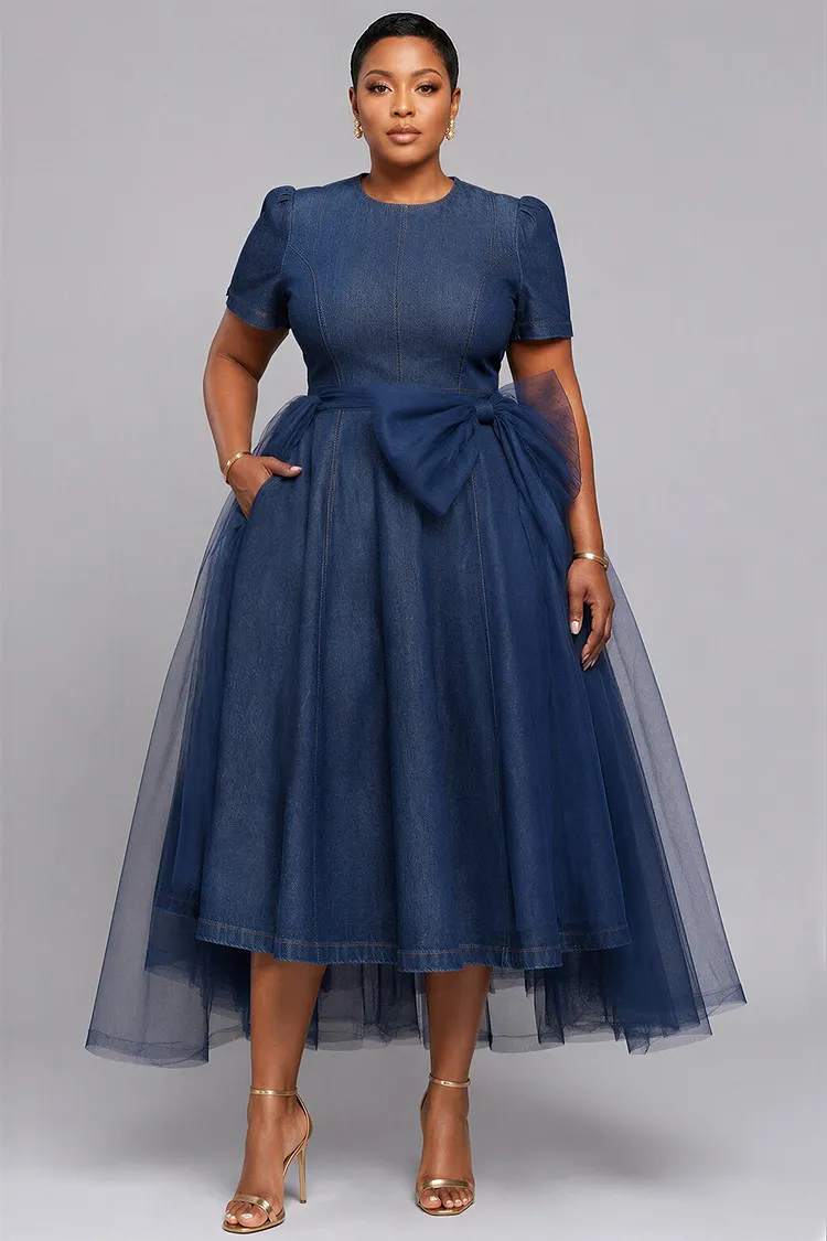 Xpluswear Design Plus Size Cocktail Party Tulle Blue Round Neck Short Sleeve Pocket With&nbsp;Skirt&nbsp;Overlay&nbsp;Denim Midi Dresses [Pre-Order] 2024 - Xpluswear