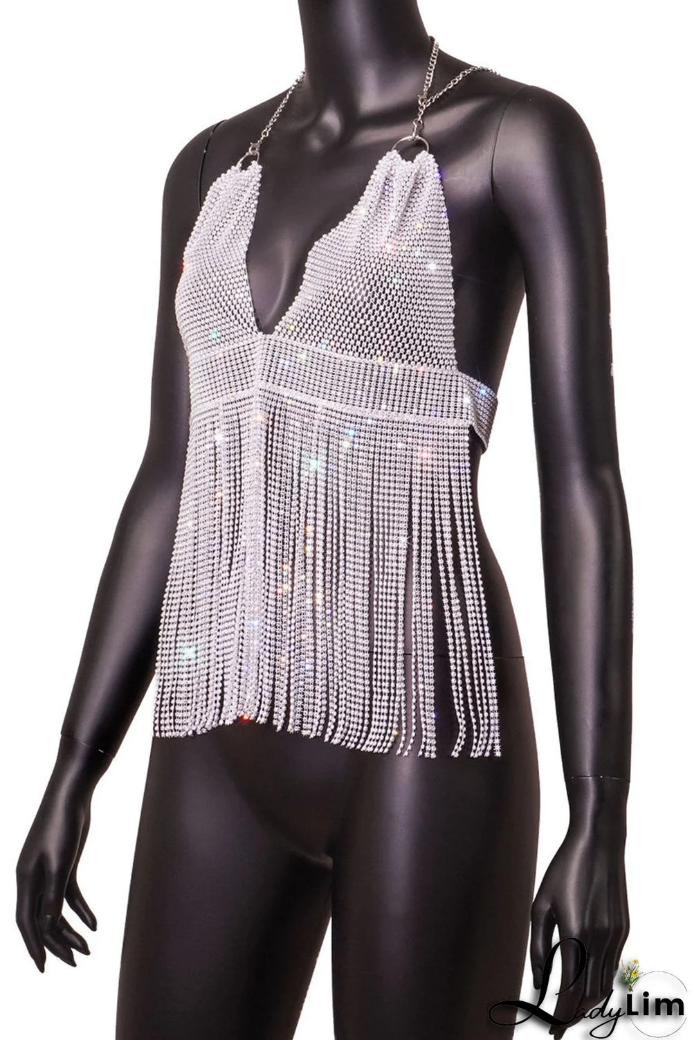 Pink Fashion Sexy Patchwork Tassel Backless Halter Tops