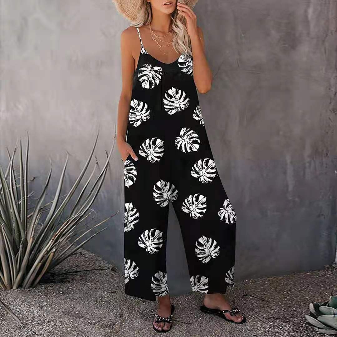 Printed Sleeveless Loose Sling Long Jumpsuit