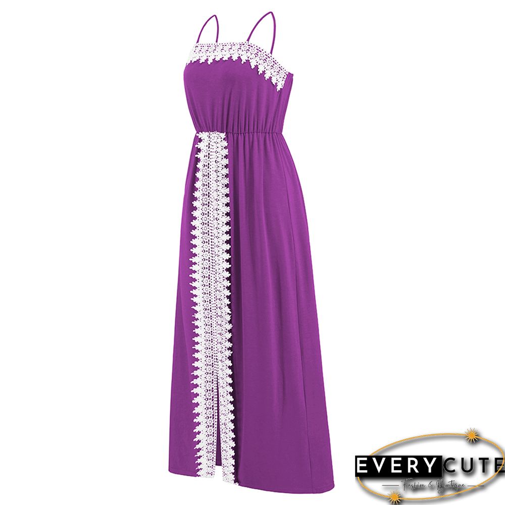 Purple Spliced Lace Trim Spaghetti Straps Dress