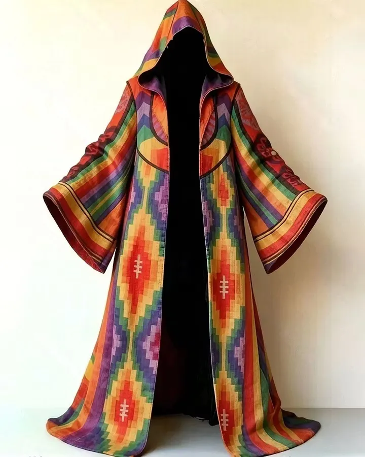 Men's Music Festival-Themed Colorful Diamond-Patterned Hooded Cape 1707