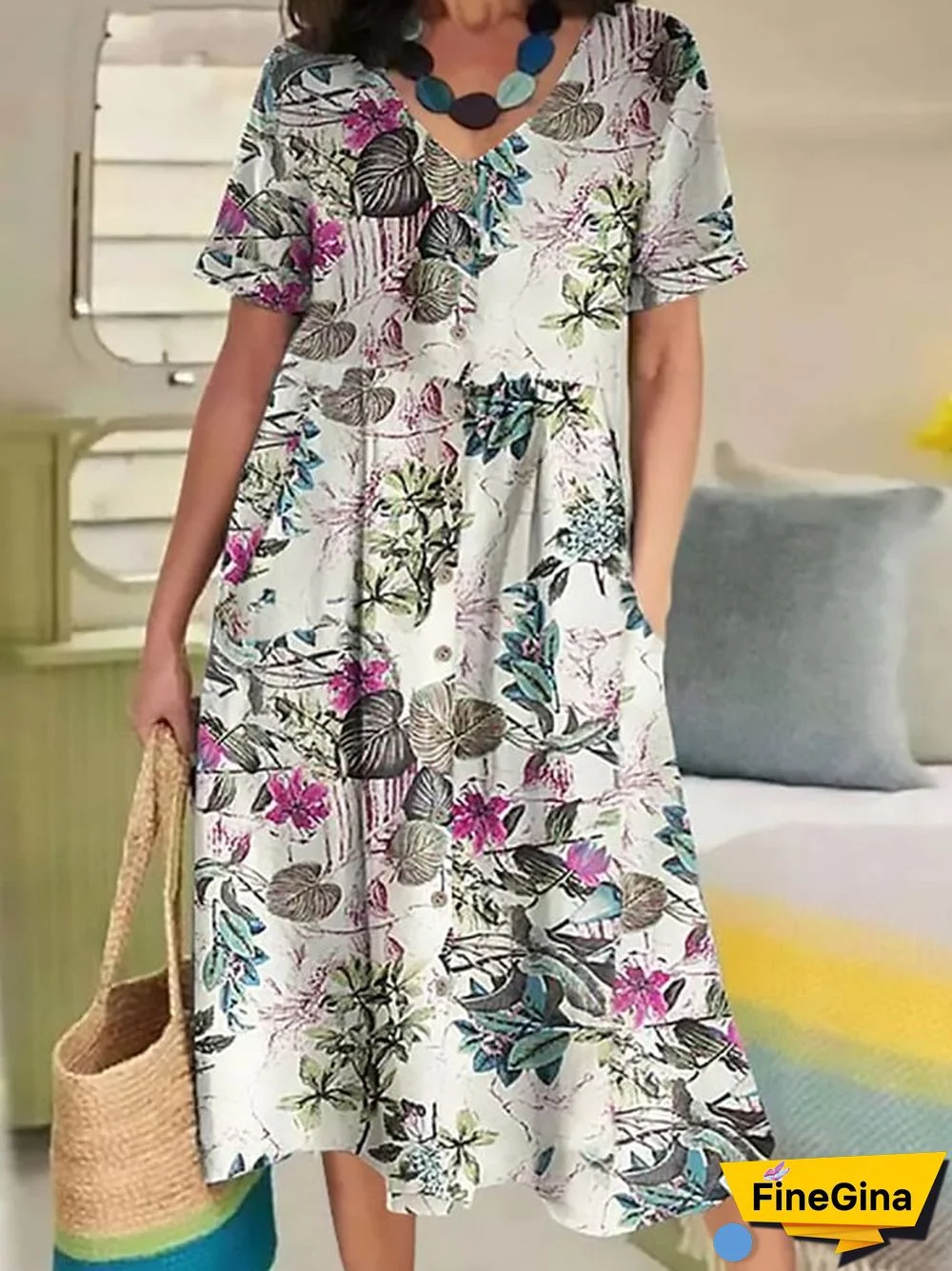 Printed Cotton And Linen Ethnic Style Pocket Dress