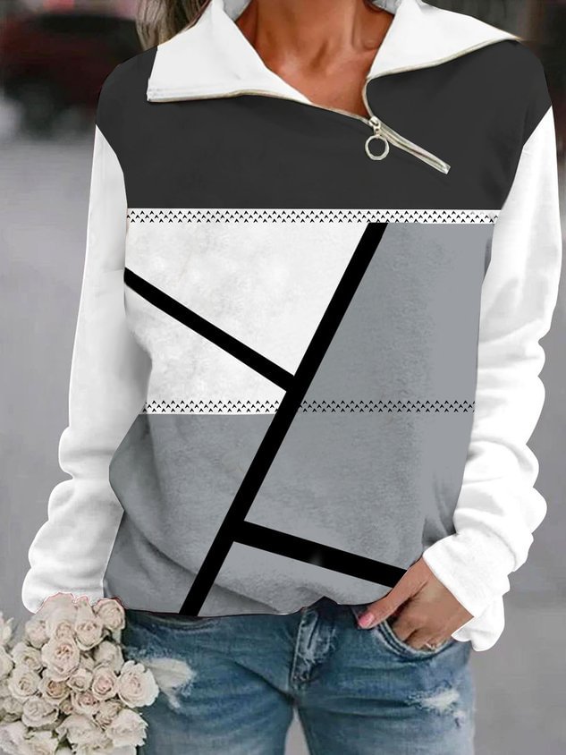Casual Geometric Printed Splice Zipper Sweatshirt