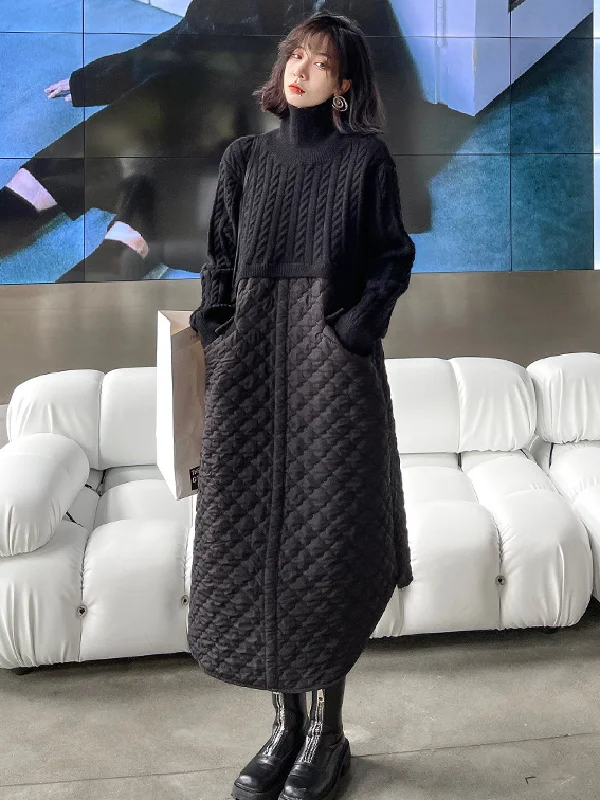 Stylish Black Split-Joint Knitting+Quilted High-Neck Midi Dress