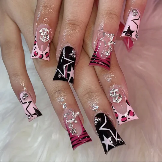 Summer Nails Inspo 2025 – 24pcs European Rhinestone Design Press on Nails French Duckbill shaped Fake Nails Full Cover Wearable Women False Nail Patch | Elinlin