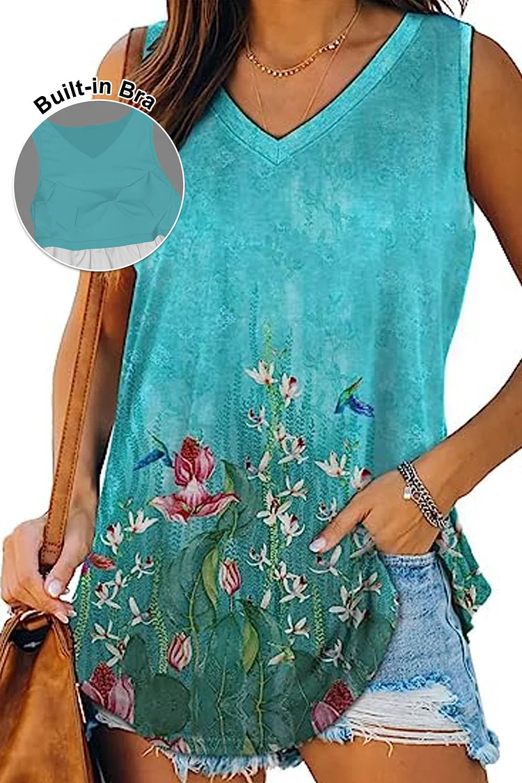 Flycurvy Plus Size Casual Blue Floral Print Tank Top With Built In Bra  Flycurvy [product_label]