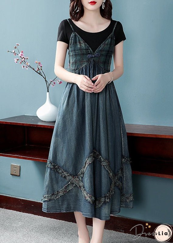 Women Blue Cinched V Neck Patchwork Spaghetti Strap Cotton Denim Dresses Spring
