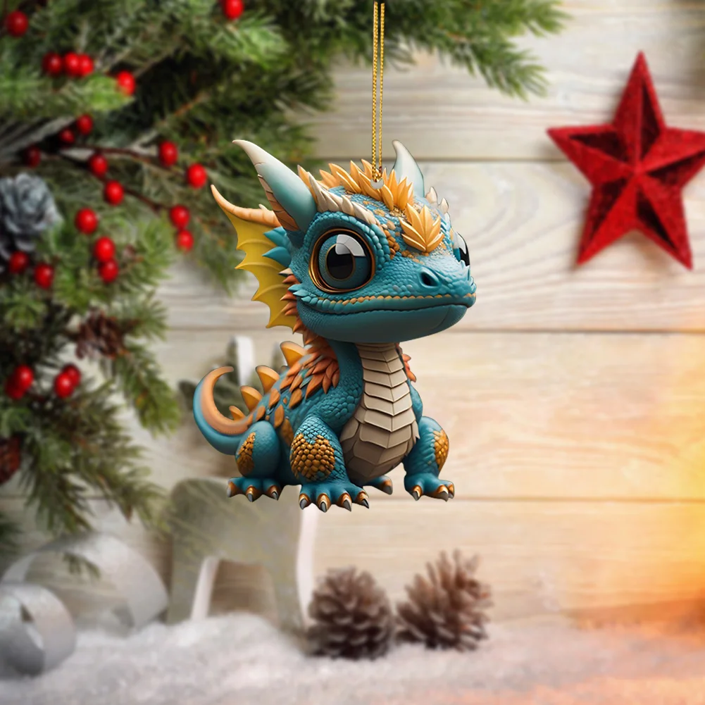 2D Christmas Baby Dragon Decor Cute 8cm Flat Acrylic Hanging Ornament Party Gift