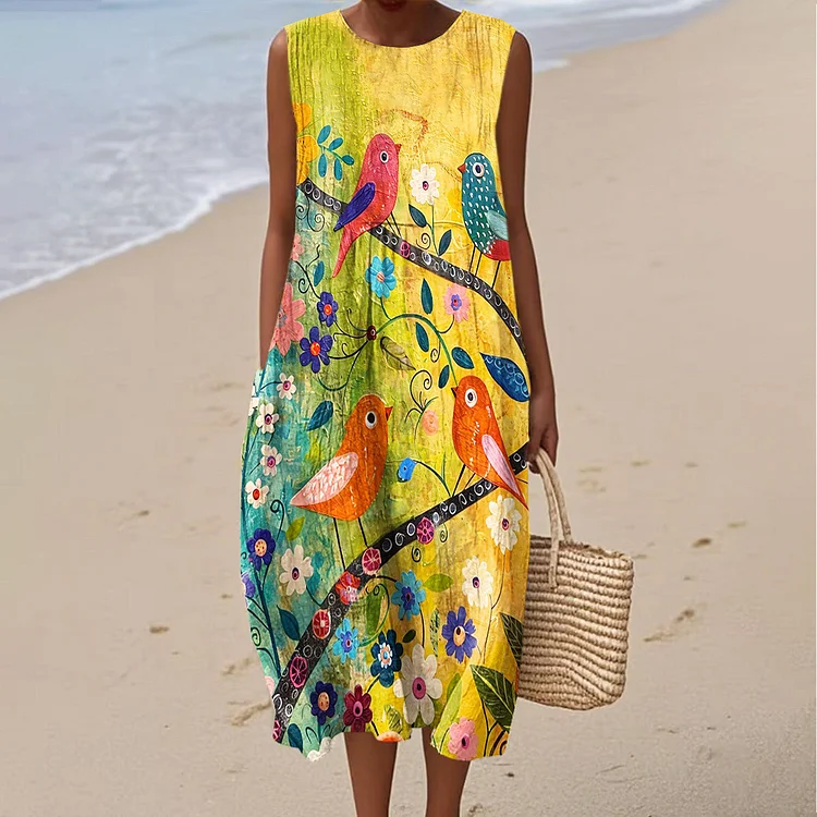 Women's Vintage Flower Bird Art Print Sleeveless Cotton Pocket Wrap Dress