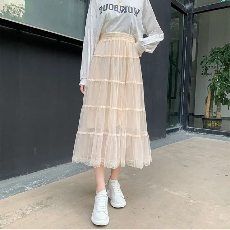 Toloer Toloer New Long Lace Layer Patchwork Mesh Skirt Over The Knee A Word Versatile Vertical Skirt Female Autumn-Outfit Ideas