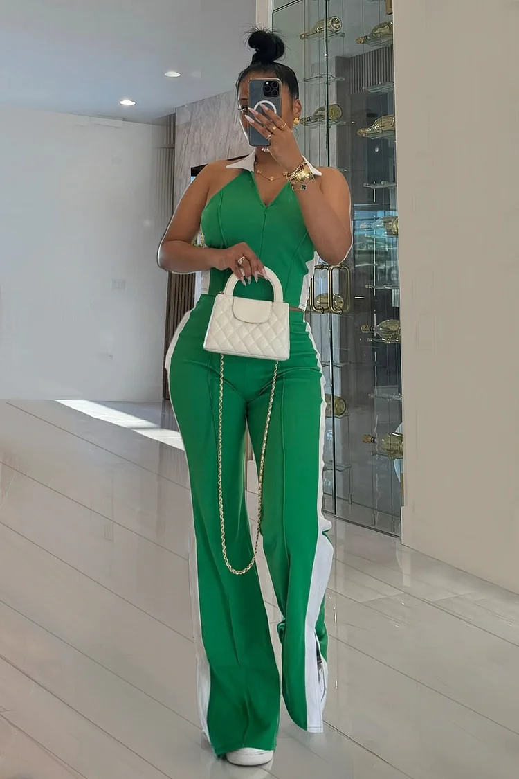 Colorblock Stripe Sleeveless Top Slit Hem Pants 2pcs Set-Green