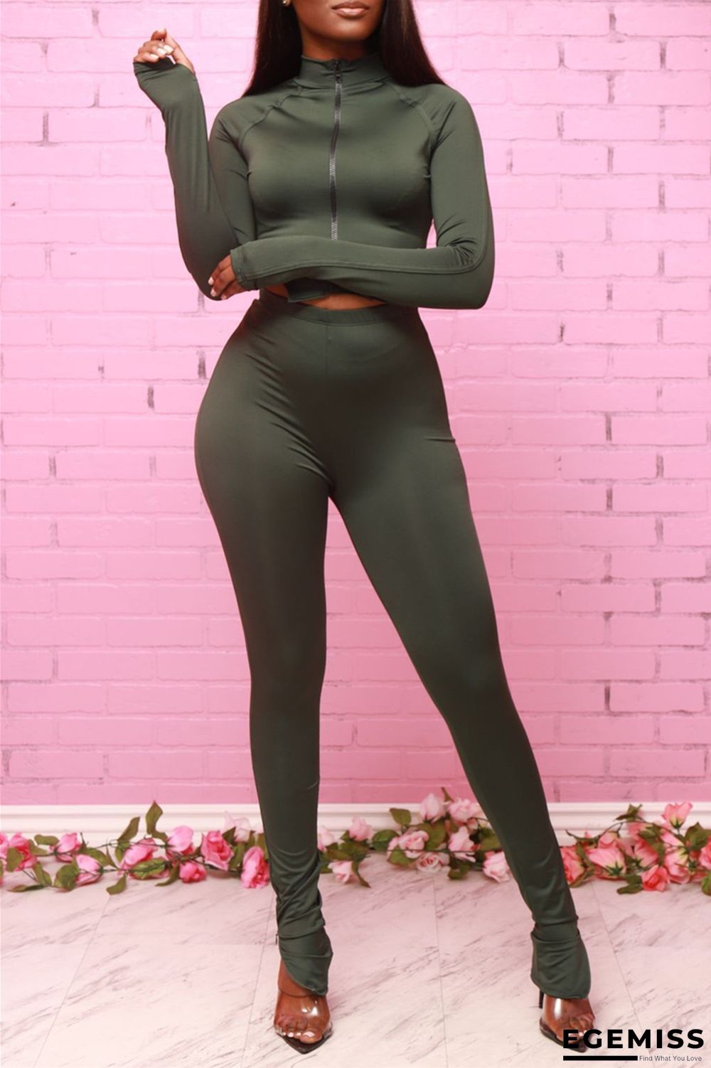 Army Green Casual Street Sportswear Milk Fiber Solid O Neck Long Sleeve Regular Sleeve Short Two Pieces | EGEMISS