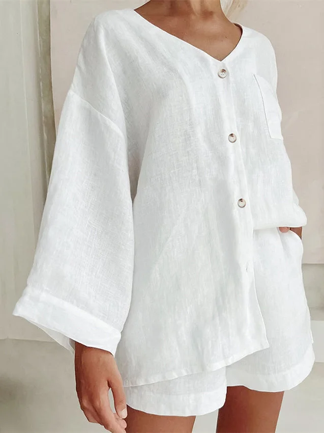 Women's Long Sleeve V-Neck Solid Sets