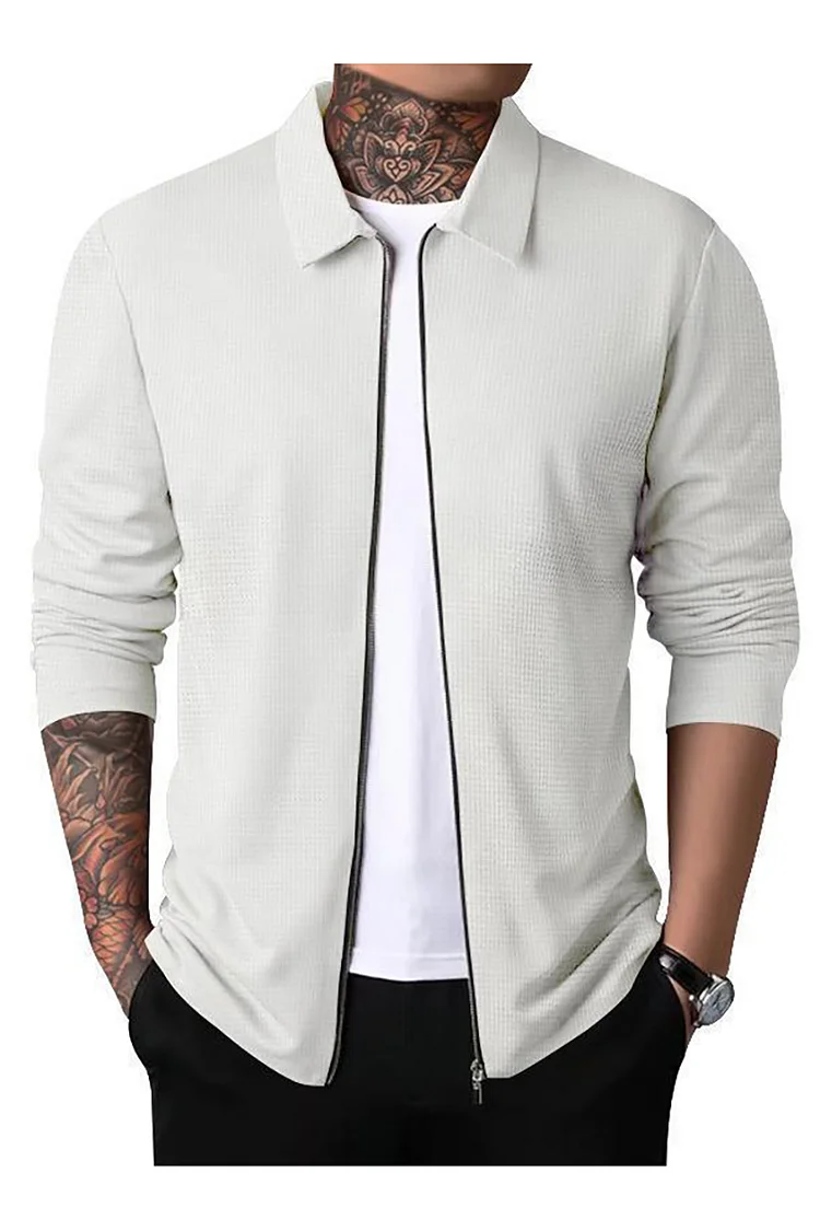 Casual Waffle Turndown Collar Zipper Slim Fit Jacket