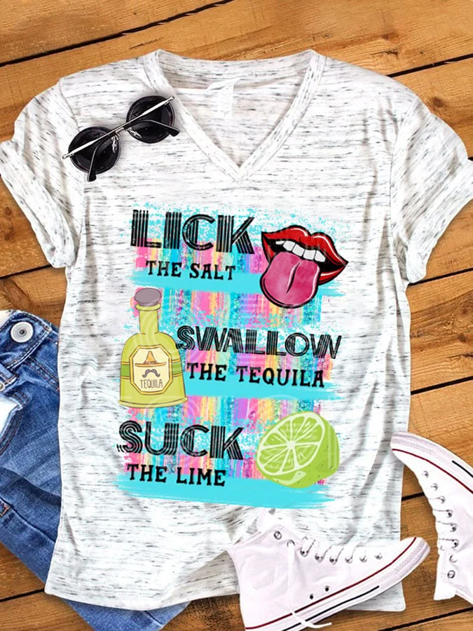 🔥Buy 3 Get 10% Off🔥Women's Lick The Salt Swallow The Tequila Suck The Lime Print V-Neck T-Shirt