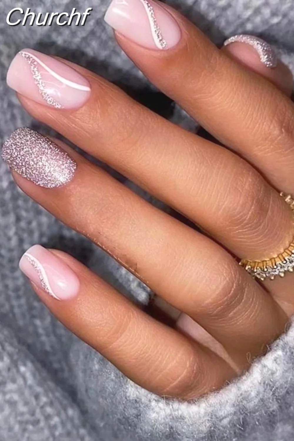 Churchf Wave Line Short Ballet French False Nails With Flower design Square Head Fake Nail Tips Simple Wearable Press On Nails-Nail Inspo