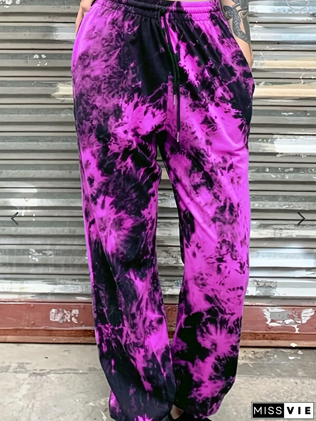 Plus Size Casual Pants, Women's Plus Tie Dye High Waist Harem Drawstring Pants With Pockets