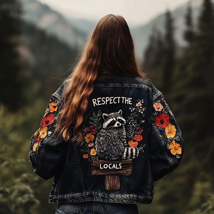 VChics Vintage Respect The Locals Raccoon Embroidery Art Denim Jacket