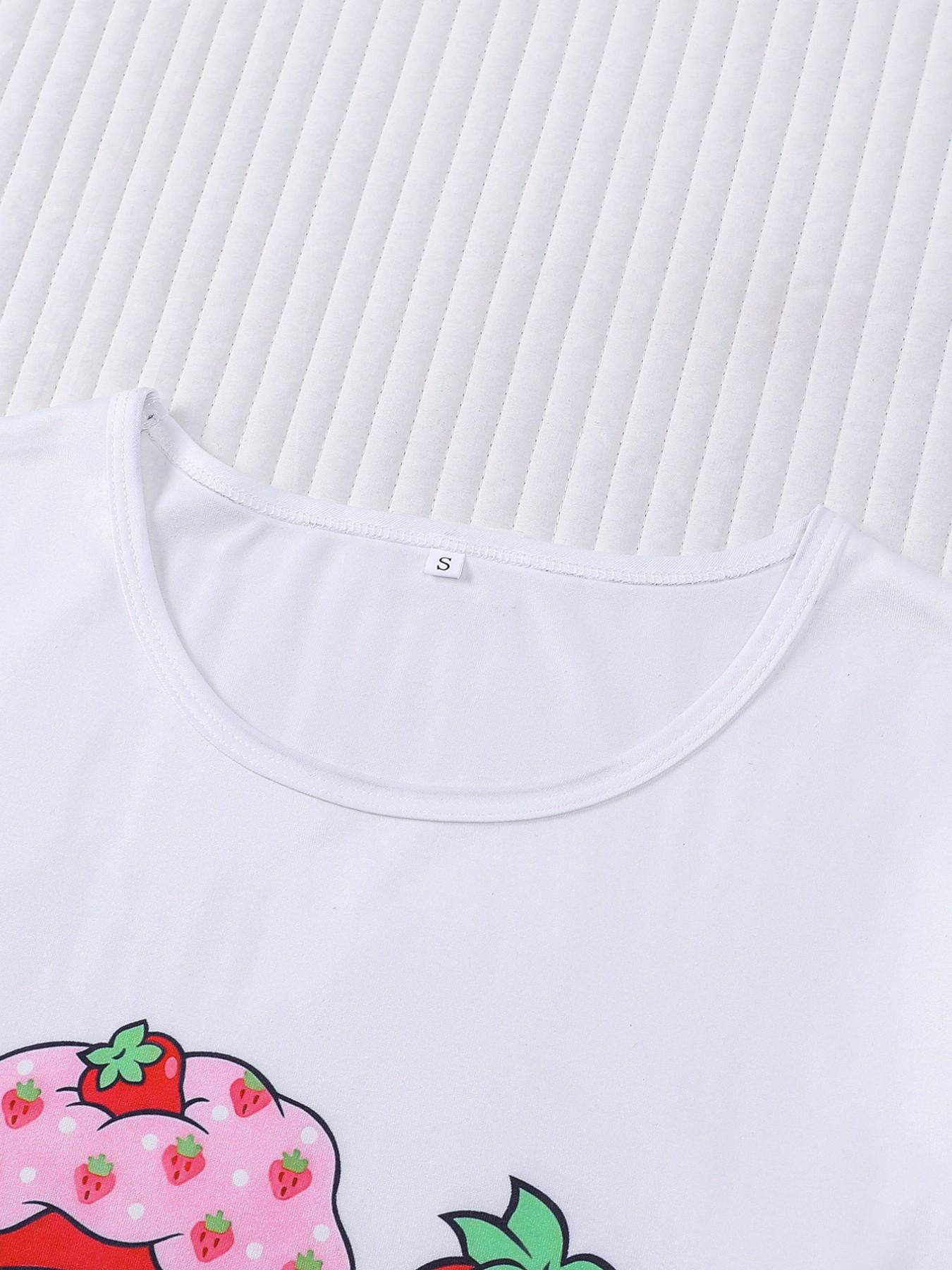 Women's Casual Cute Strawberry Print 3 Piece Pajama Set, Soft Short Sleeve Top & Relaxed Fit Shorts & Pants, Stylish Sleepwear for Everyday Wear and Festive Occasions