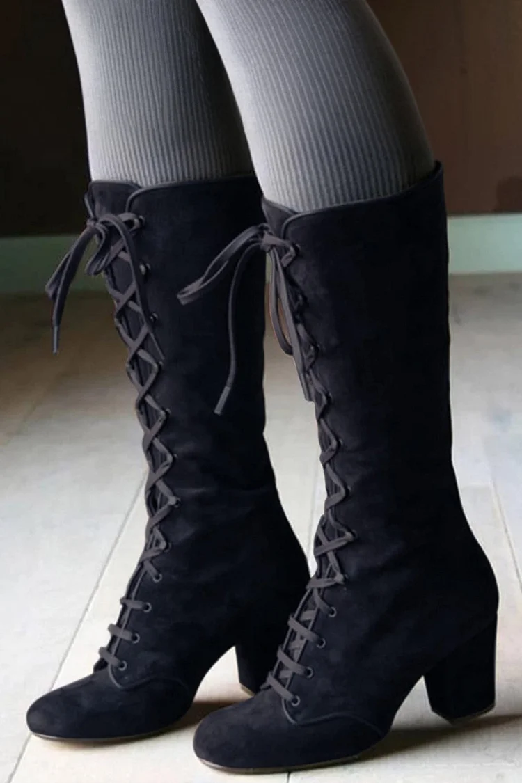 Vintage Black Lace Up Chunky Heel High Top Boots